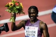 Dina Asher-Smith of Great Britain celebrates after finishing the 100m Women during the Lausanne Diamond League at Stade de la Pontaise in Lausanne, Switzerland. (Photo by Getty Images)